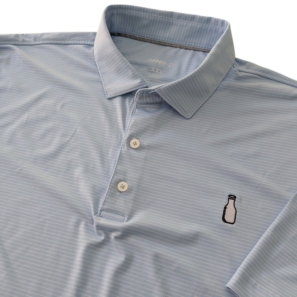 Johnnie-O Mens XXL Blue Stripe Performance Golf Polo Shirt Milk Bottle Logo